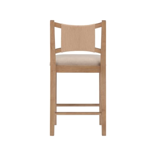 Image of Nathan James Elodia Boho Counter Height Bar Stool with Back, Woven Seagrass Backrest and Solid Wood Frame, Light Brown Set of 4