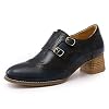 Mona flying Womens Leather Chunky Heel Monk Strap Oxfords Wingtip Ladies Mid Heel Dress Loafers Pumps Shoes with Buckle