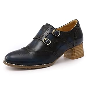 Mona flying Womens Leather Chunky Heel Monk Strap Oxfords Wingtip Ladies Mid Heel Dress Loafers Pumps Shoes with Buckle