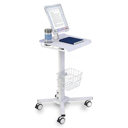 Mobile Tablet Cart for 9.7"-14" Tablet, Adjustable Height with Pneumatic Lifting(31.5" - 47.25"), Storage Basket, Cup Holder, Cable Management for Home, Office and Salon, Cold-Rolled Steel