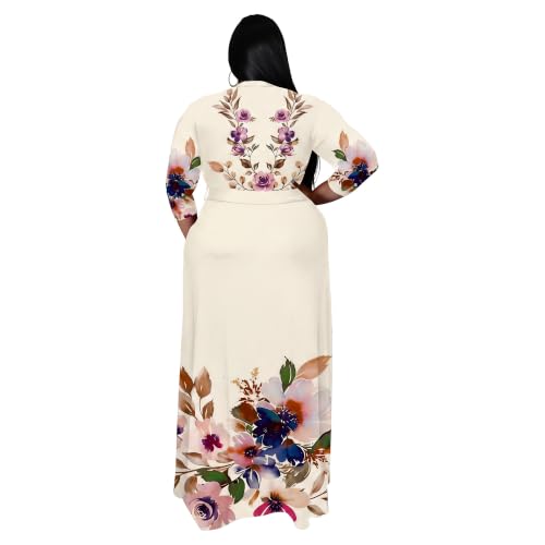 Image of Nmoder Plus Size Maxi Dress for Women - Summer Casual 3 /4 Sleeve Floral Flowy Long Dress with Belt XL- 6XL