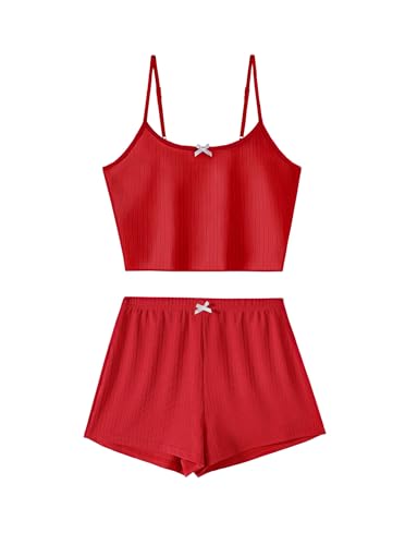 Image of Hilinker Womens Graphic 2 Piece Pajama Set Summer Cute Crop Cami and Shorts Ribbed Lounge Sets