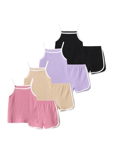 Image of Girls Summer Clothes 4 Piece Cute Outfits Cami Tank Top and Dolphin Shorts Sets for Kid Casual, Dance, Beach