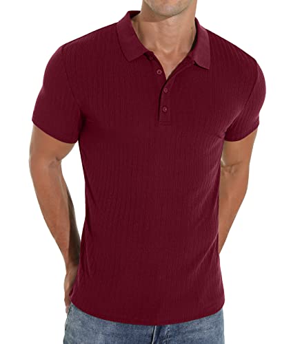 Askdeer Men's Polo Shirts Classic Short Sleeve Stretch Slim Fit Casual Shirts Wine Red