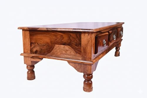 Image of Solid Sheesham Wood Coffee Table with 3 Drawer | Wooden Center Table with Storage Drawer | Living Room Tea Table | Solid Wood Centre Table for Home | Honey Finish