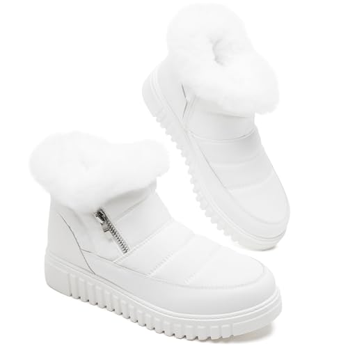 kufeiti Women's Waterproof Fall Winter Snow Boots Platform Fur Lined Ankle Boots for Women with Side Zipper Non Slip Outdoor Work Boots(White, US8)