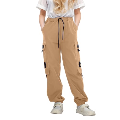 Generic Boys Sweatpants 5t Casual High Waisted Drawstring Loose Fit Pockets Kids Cargo Sweatpants Girls (Khaki, 8-9 Years)