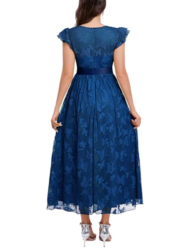 Image of Women's Casual Tulle Midi Dress Ruffle Sleeve Crewneck Lace Flowy Dresses Party Wedding Guest Sundress