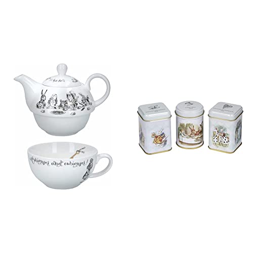 Image of Creative Tops V&A Alice in Wonderland Teapot and Cup Set for 1 in Gift Box, Fine China Tea Set, White, 250 ml & New English Teas Alice in Wonderland Mini Tea Tins Gift with Loose-Leaf Black Tea