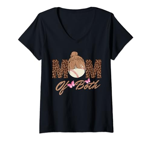 Mujer Mamá De Ambos Juego Día Béisbol Softbol Feliz Día De La Madre Camiseta Cuello V