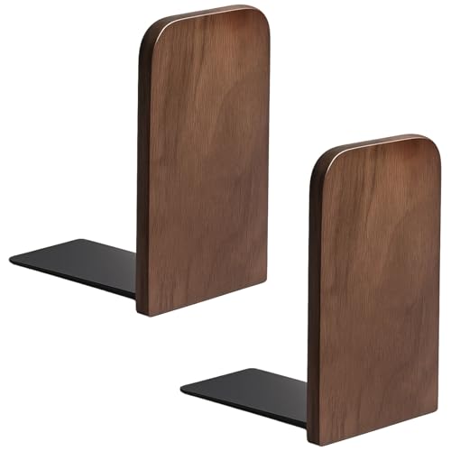 Chewtoyo 2 Pcs Walnut Bookends, 6.7 in Wooden Book Ends for Heavy Books, Square Head, Non-Slip Base, Decorative