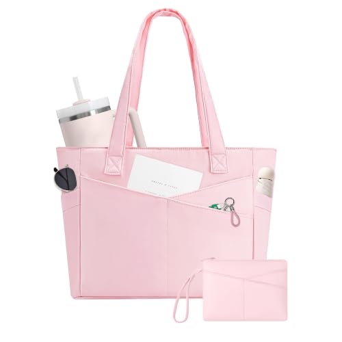 Image of CTWWFS Large Tote Bag for Women with Zipper, Nylon Lightweight Work Tote with 15.6 inch Laptop Sleeve, Nurse Bag for Work College