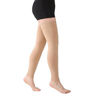 MGANG 15-20 mmHg Compression Stockings for Women & Men, Thigh High Medical Footless Graduated Compression Sleeves with Silicone Dot Band, for Varicose Veins, Edema, Travel, Flight, Pregnant, Beige S