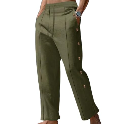 Mens Linen Casual Loose Straight Trousers Drawstring Waist Lightweight Summer Beach Pants