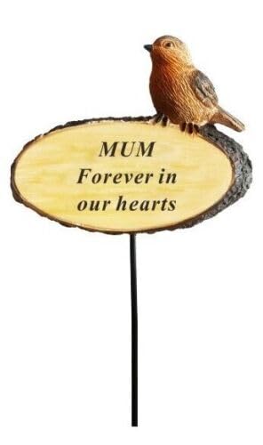 Mum Memorial Robin on Log 3D Bird Stick Stake Pick Plaque Tribute Graveside Ornament
