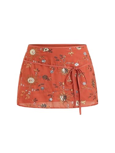 SweatyRocks Women's Sequin Embroidery Y2K Mini Skirts Tie Front Low Waist Boho Summer Skirt