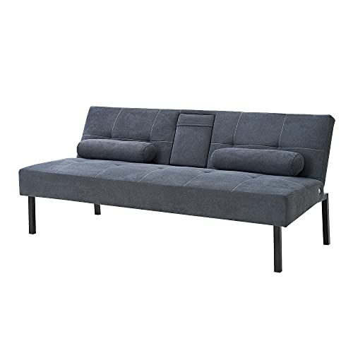Panana Futon Sofa Bed, Convertible Sofa With Cup Holder Couch Sleeper Linen Upholstered Home Recliner Reversible Loveseat Folding Daybed Guest Bed For Living Room Apartment Dorm Bonus Room, Grey #TOP2