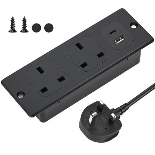 ANTREATU Recessed Power Strip with USB C/A PD20W, Recessed Power Socket with 2 UK Outlets & 2 USB Ports, Hidden Extension Lead with USB C for Furniture Kitchen Office Desk Power Socket with 2M Cable