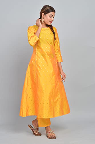 Image of Riara Art Silk Women Long Anarkali Kurti with Pant Polka Dot A-line Ladies Ethnic Wear Dress