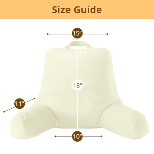 Sasttie Reading Pillow, Velvet Back Pillow for Bed Sitting Up, Adult Back-Rest Support Cushion with Arms for Sit Up on Couch, Sofa, and Floor, Dorm Essentials, Reading Accessories, Cream