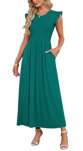 AUSELILY Damen Sommer Kurzarm Rundhalsausschnitt Lockeres Maxikleid Lässiges Hohe Taille Langes Kleid mit Taschen (Grün,M) 1
