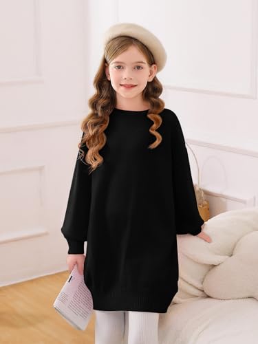 Image of Haloumoning Girls Sweater Dress Casual Crewneck Knit Long Sleeve Fall Winter Dress Pullover 5-14Y