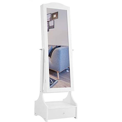 COSTWAY Armario de Pie para Joyas con LED, Espejo,Cajones y Estante para Joyería Organizador para Dormitorio Blanco