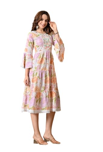 Image of LIBOZA 100% Cotton Floral Print Tiered Midi Dress, Bell Sleeves, Lace Trim Detail, White and Multicolour for Women, Office, Party, All Occassions