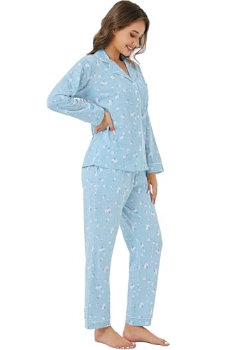 Image of LUBOT 100% Cotton Pajamas for Women Pajama Set 2 Piece PJ Sleepwear Set Soft Ladies Button Knit Long Sleeve Loungewear XS-XXL