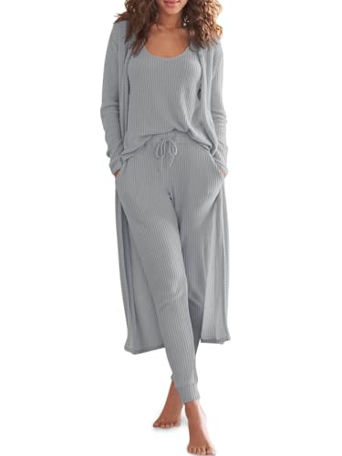 Image of Eurivicy Womens 3 Piece Lounge Set Tank Tops Pants with Long Cardigan Grey