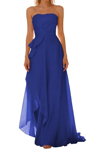 BRIGOW Vestidos de dama de honor sin tirantes fluidos de talle alto-bajo, vestido de graduación línea A de gasa para fiestas formales de noche BY084, azul real, 46