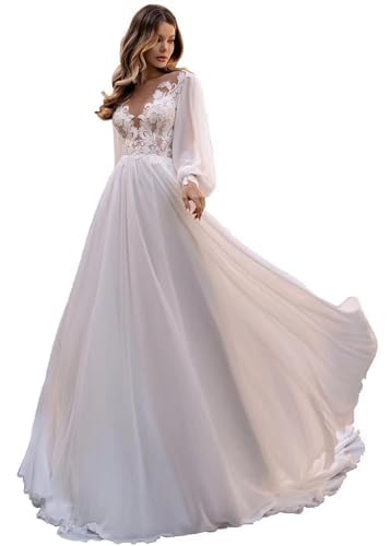 IUYRESX Brautkleider Schlicht Elegant,Hochzeitskleider Für Damen Spitzenapplikationen A-Linie Boho Langarm Brautkleid Standesamt Lang Braut Standesamtkleider Elfenbein 44