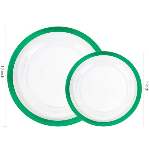 U-QE 200PCS Clear Green Plastic Plates - Green Plates Disposable Heavy Duty- Include 100 10” Dinner and 100 7” Dessert Platos, Perfect for Party, Wedding