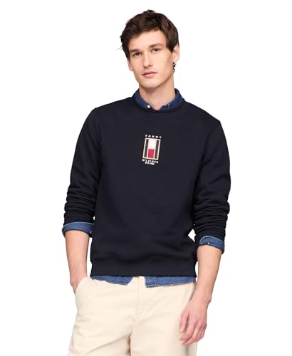 Tommy Hilfiger mens Medium Weight Crewneck Sweatshirt With Vertical Embroidered Flag Logo