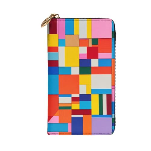 Women's Long Cash Wallet, PU Leather Elegant Clutch Change Purses with Zipper, Travel, Gifts (Colorful Square Print)2