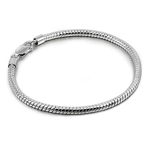 Dankadi Italy Smooth 3Mm 4Mm Round Snake Chain Bracelet Solid 925 Sterling Silver Men Women Teen Boy Girls 6.3" 6.7" 7" 7.5" 8" 8.5" 9" 9.5" Bangle Charm Jewelry Gift (3Mm, 6.3 Inches) #TOP11