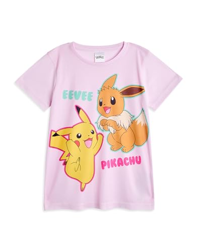 Pokemon Girls Pajama Set | Kids Pikachu & Eevee Graphic Short Sleeve Top & Long Leg PJ Bottoms in Pink & Green Children3