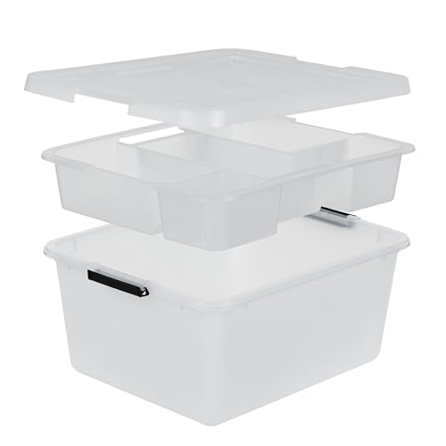 Image of IRIS USA 18 QT Clear Storage Organizer with Removable Dividers, Stackable Plastic Storage Box with Lid, Modular Container for Crafts, Tools, Office & Pantry Organization