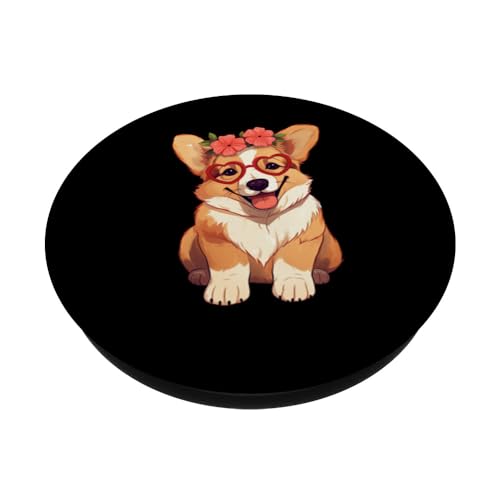 Welsh Corgi Wearing Red Glasses And Headband Bandana PopSockets Swappable PopGrip, Black - Image 2