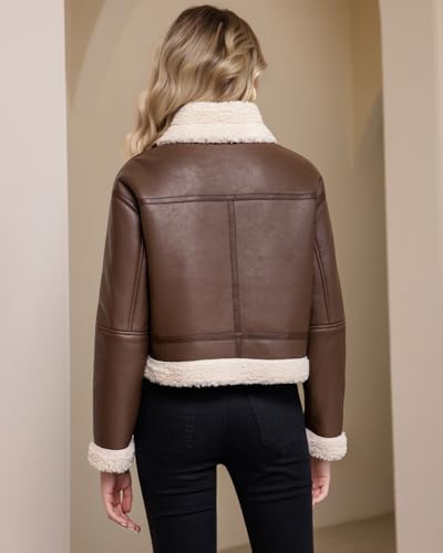 DIASHINY Women Fur Leather Jacket Faux Fur Lined Shearing Cropped Moto Biker Coat4