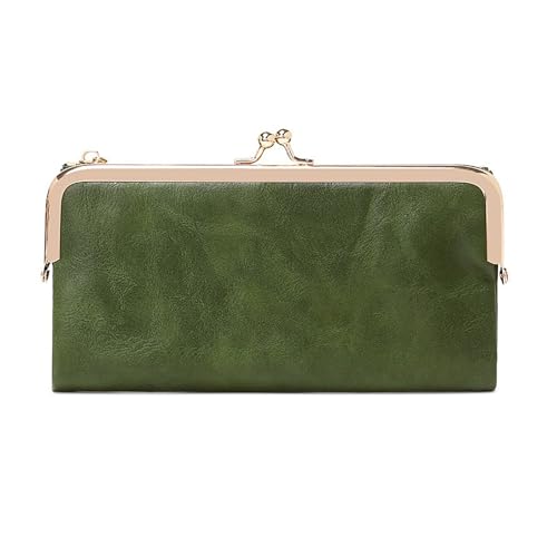 Vintage Bifold Genuine Leather Wallet for Women with Kiss Lock and Zip Coin Pocket (Green)