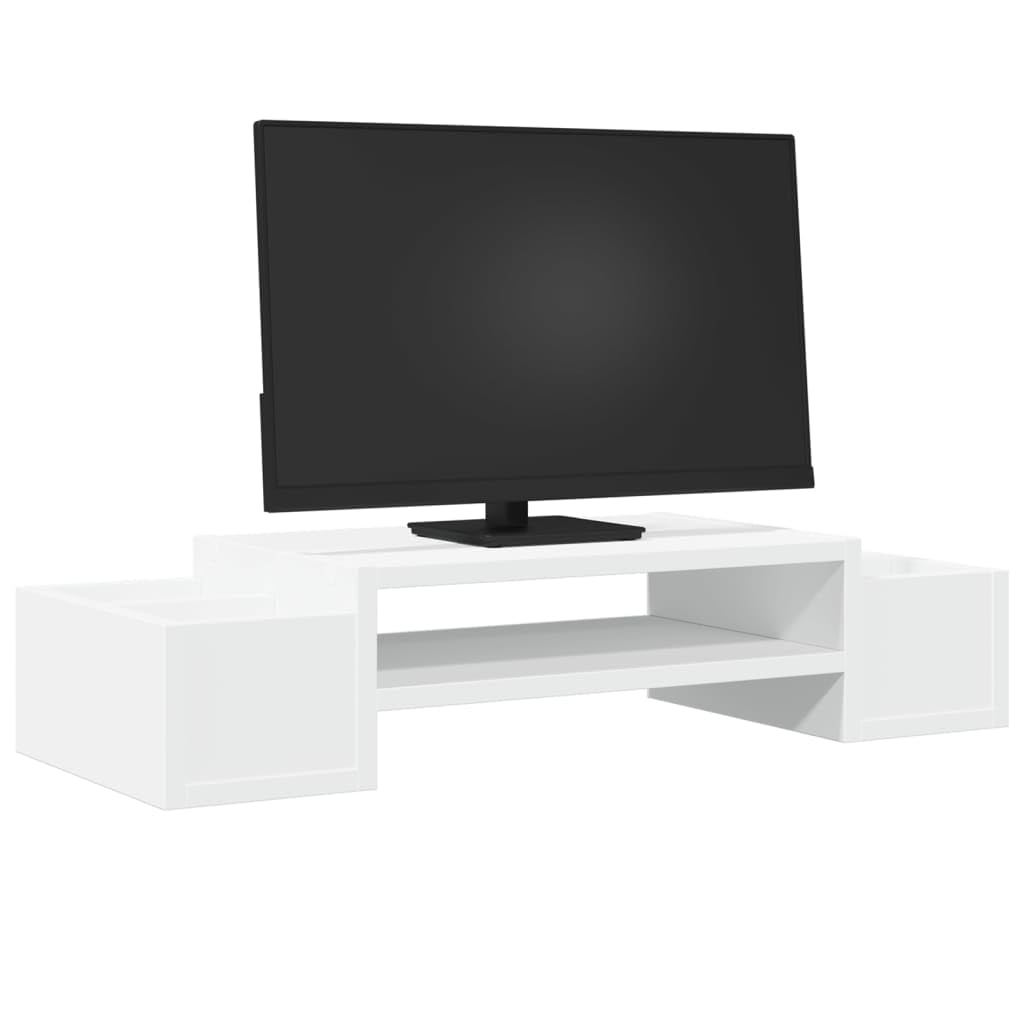 Supporto per monitor con vano portaoggetti, in legno bianco, 70 x 27 x 15 cm, con ripiano e scomparti per ufficio, casa, ergonomico, per laptop, PC, notebook, tablet, postazione di lavoro