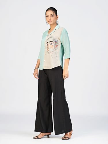 Image of Makhhi Wear Trendy Women's Sea Green & Beige Sketch Embroidered Casual Shirt for Women