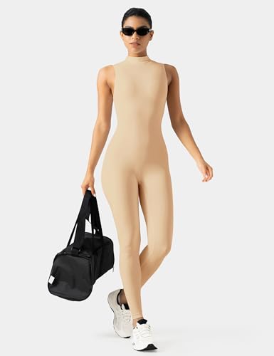 Image of speerise Women Sleeveless Turtleneck One Piece Romper for Yoga Workout Jumpsuit with Tummy Control Bodysuit