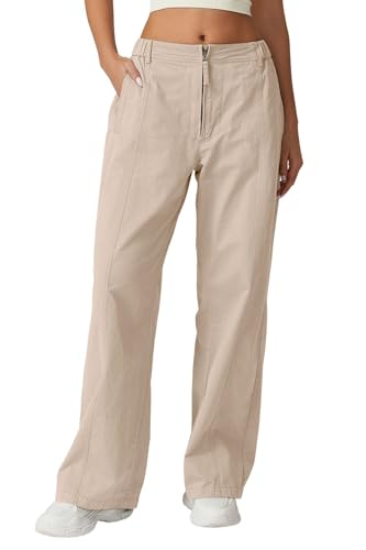 QINSEN Womens Cotton Cargo Pants High Elastic Waist Wide Leg Pants Front Zip Casual Lounge Pants Beige M