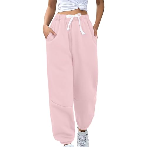 Pantalon de jogging femme taille haute rose M avec poches et cordon long
