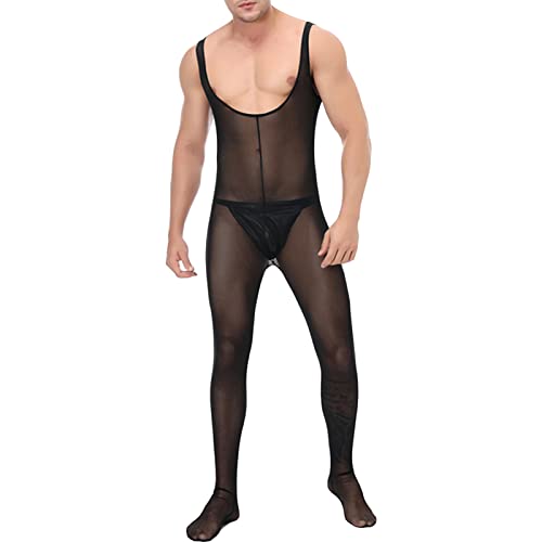 Maiyifu-GJ Men's One Piece See Through Mesh Bodysuit Faux Leather Wrestling Singlet Leotard Sissy Sheer Jumpsuit Clubwear (Black 3,XX-Large)