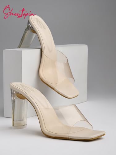 Image of Shoetopia Women's Transparent Block Heels | Stylish Square Toe Slip-On Party Comfortable Sandals
