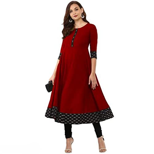 Image of Women's Printed Cotton Slub Anarkali Kurti Maroon