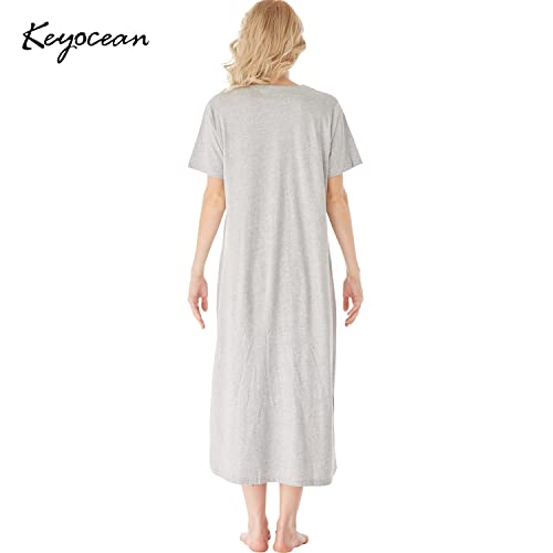 Keyocean Women Nightgowns, Soft Comfortable 100% Cotton Short Sleeves Ladies Nightdress, Light Grey, Medium #TOP1